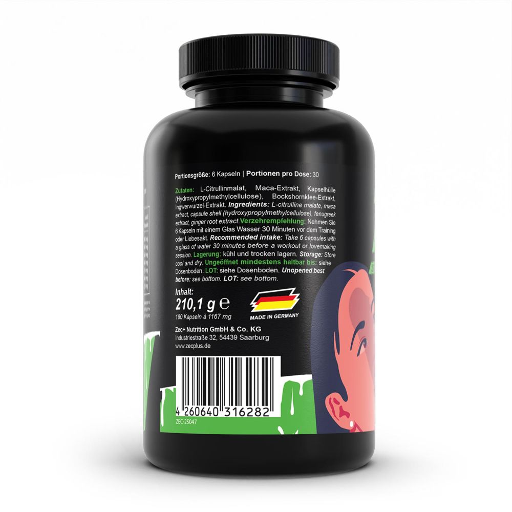 Rückseite der schwarzen Flasche. Enthält Informationen zu Inhaltsstoffen, Dosierung und Hersteller. Mit Abbildung einer Frau.