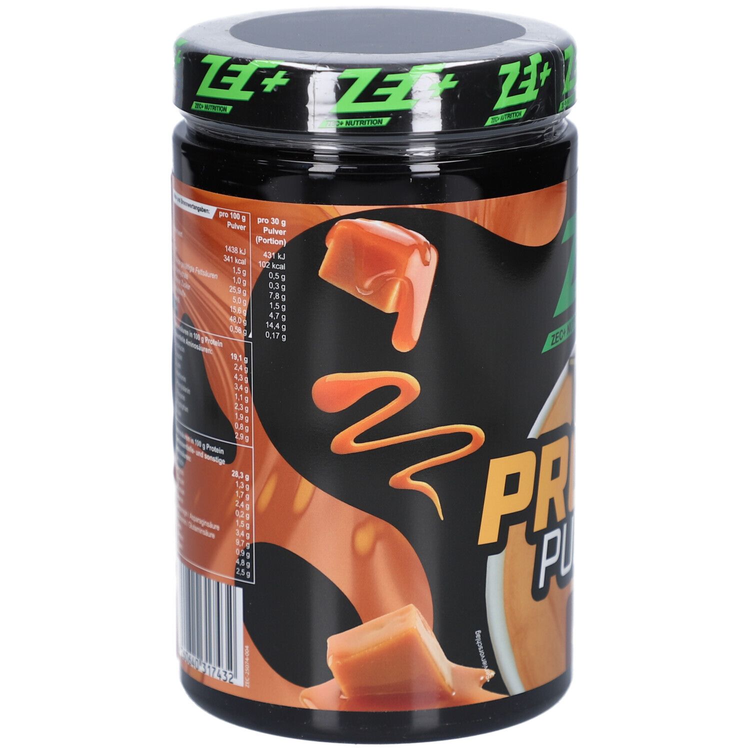 Rückseite der Dose mit Nährwertangaben und Karamell-Illustrationen. ZEC+ Logo und Produktname.