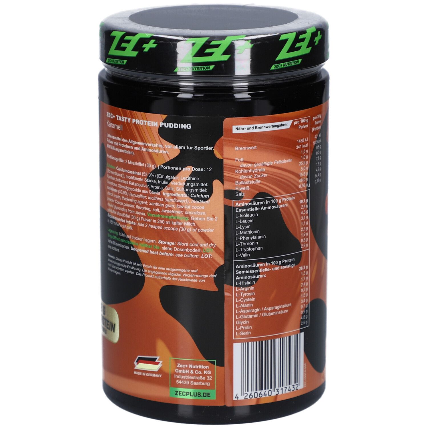 Rückseite der Dose mit Nährwertangaben, Aminosäuren und Herstellerinformationen. ZEC+ Tasty Protein Pudding.