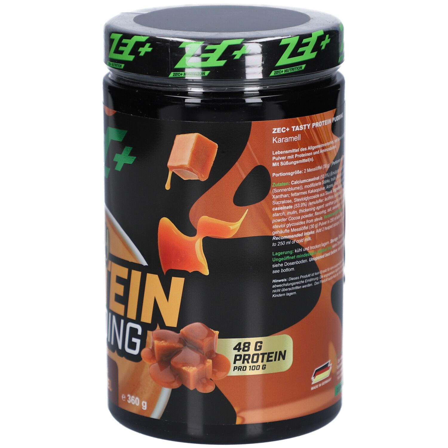Dose mit ZEC+ Tasty Protein Pudding, Karamell. 48g Protein pro 100g. Karamell-Stücke abgebildet.