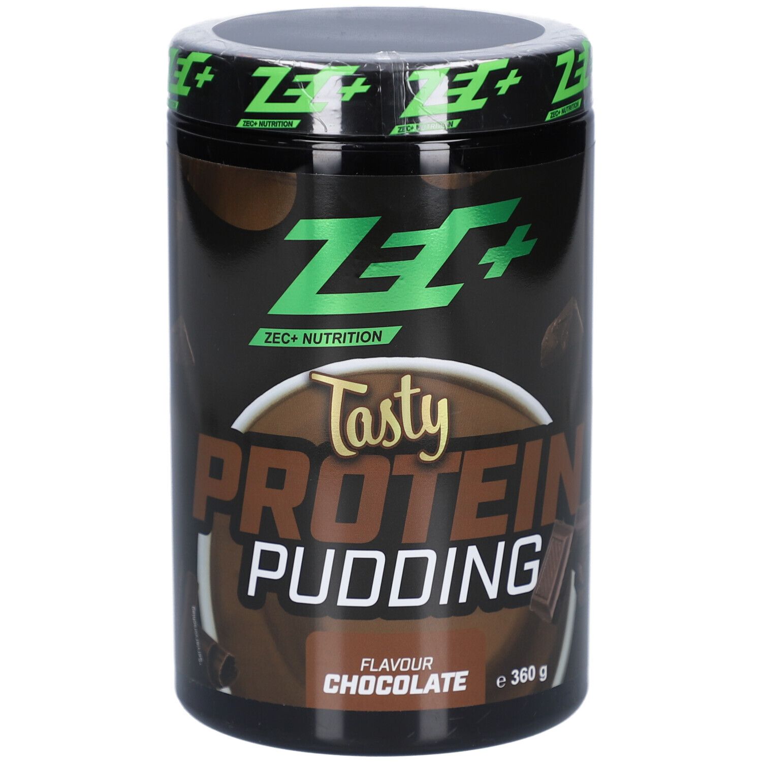 Schwarze Dose mit grünem Deckel. Aufschrift: ZEC+ Nutrition, Tasty Protein Pudding, Chocolate. 360g.