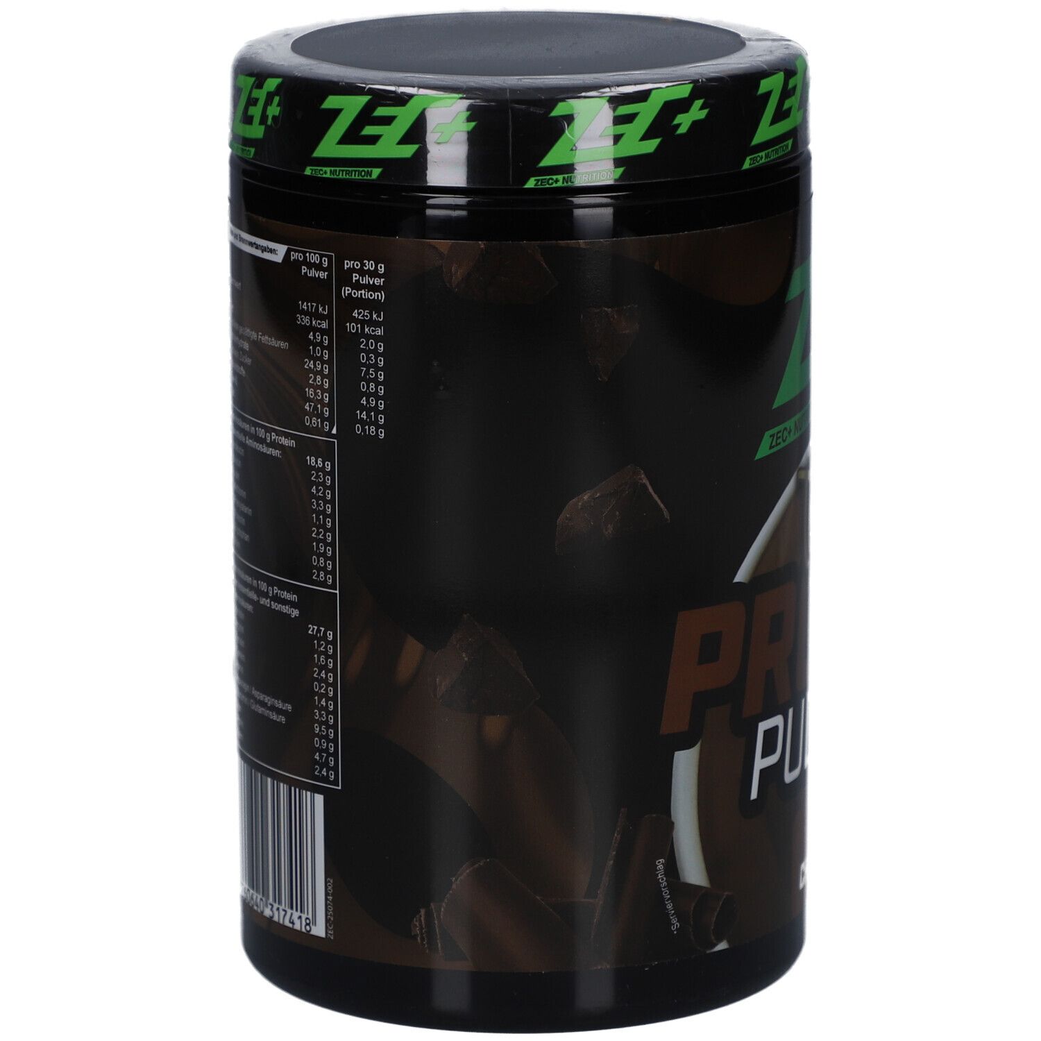 Schwarze Dose mit Nährwertangaben. Aufschrift: Protein Pudding. Text in deutscher Sprache. Mit Schokoladen-Motiv.