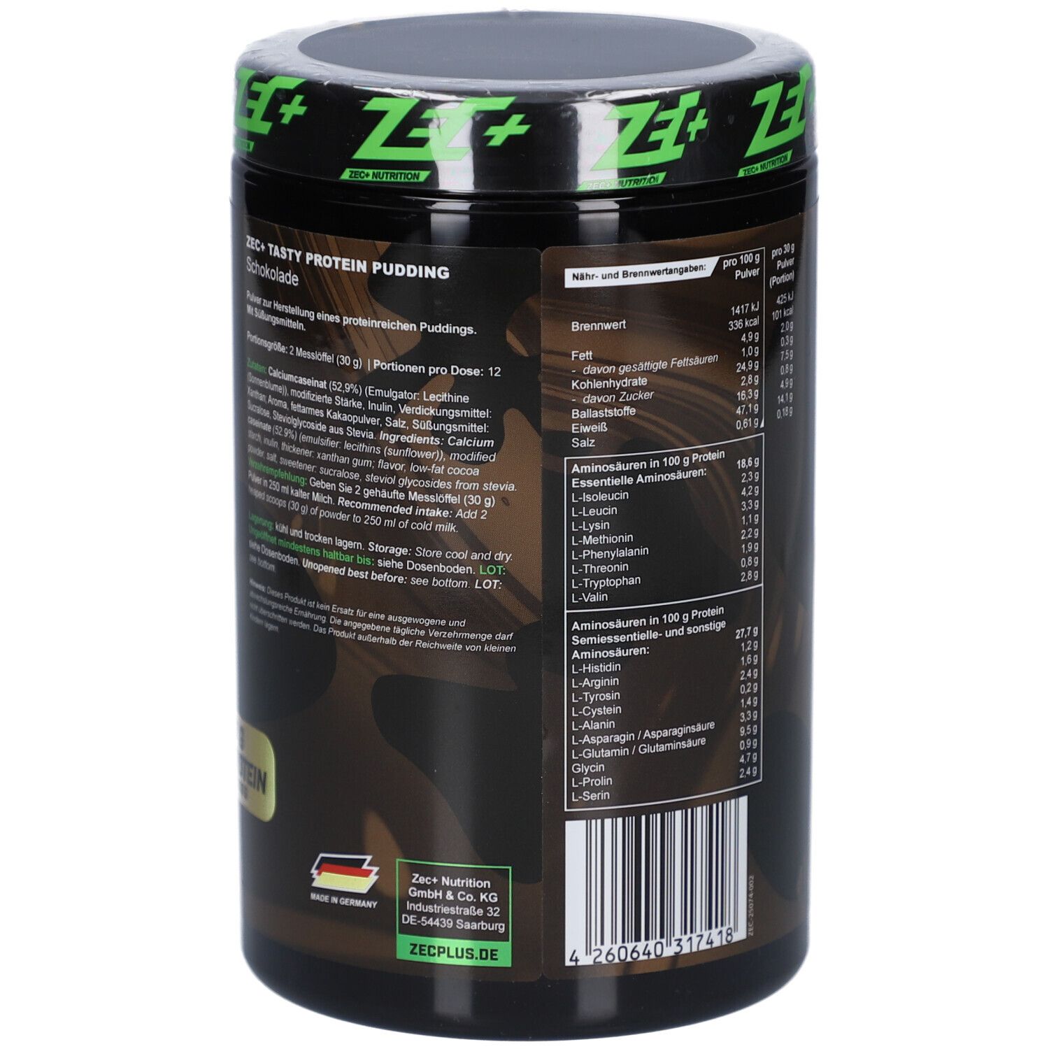 Schwarze Dose mit Text in deutscher Sprache. Aufschrift: ZEC+ Tasty Protein Pudding Schokolade. Mit Barcode.