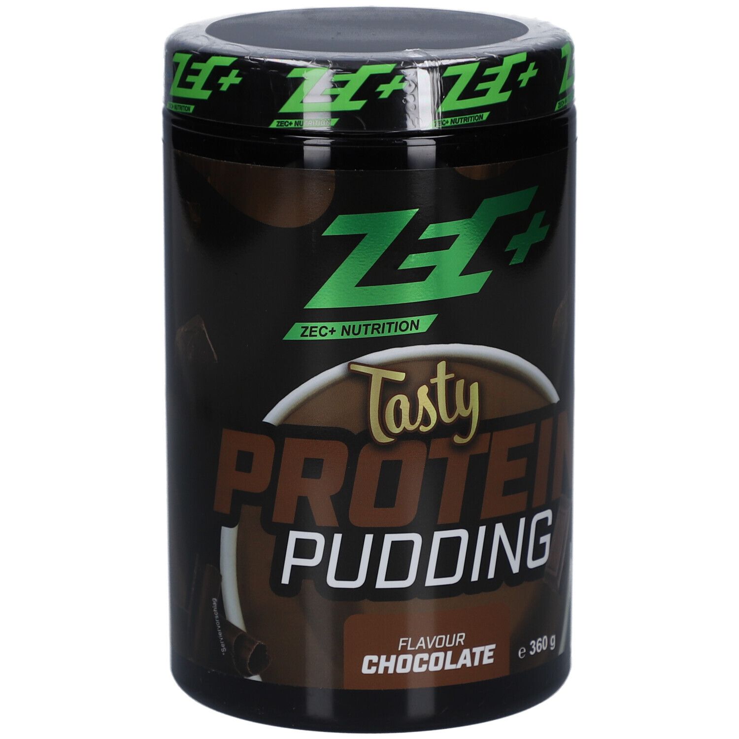 Schwarze Dose mit grünem Deckel. Aufschrift: ZEC+ Nutrition, Tasty Protein Pudding, Chocolate. 360g.