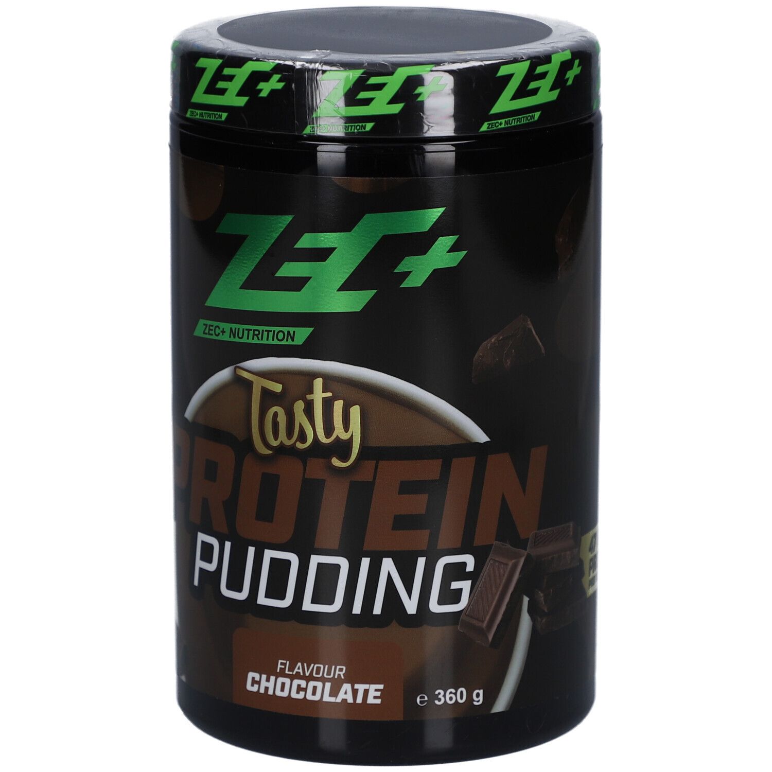 Schwarze Dose mit grünem Deckel. Aufschrift: ZEC+ Nutrition, Tasty Protein Pudding, Chocolate. 360g.