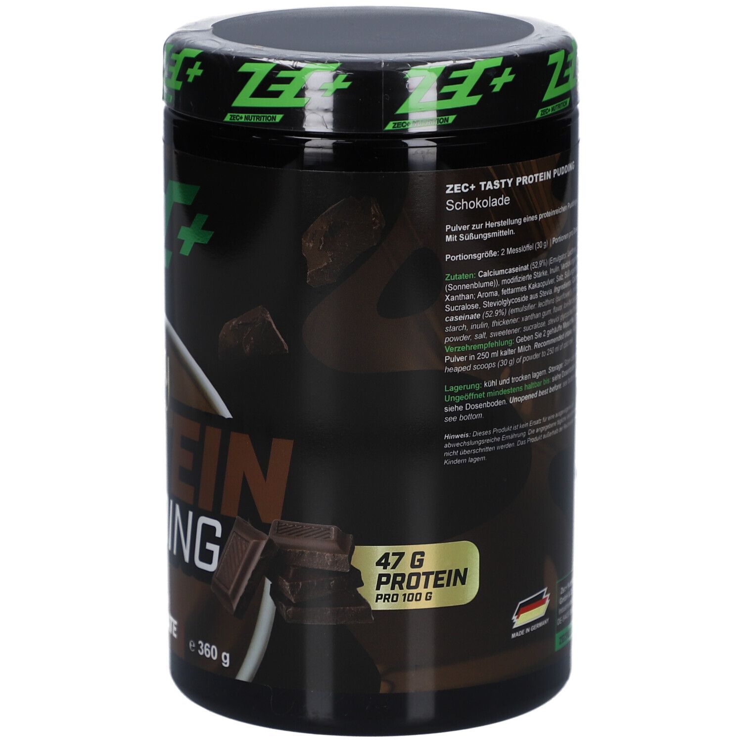 Schwarze Dose mit Text in deutscher Sprache. Aufschrift: ZEC+ Tasty Protein Pudding Schokolade. 47g Protein.