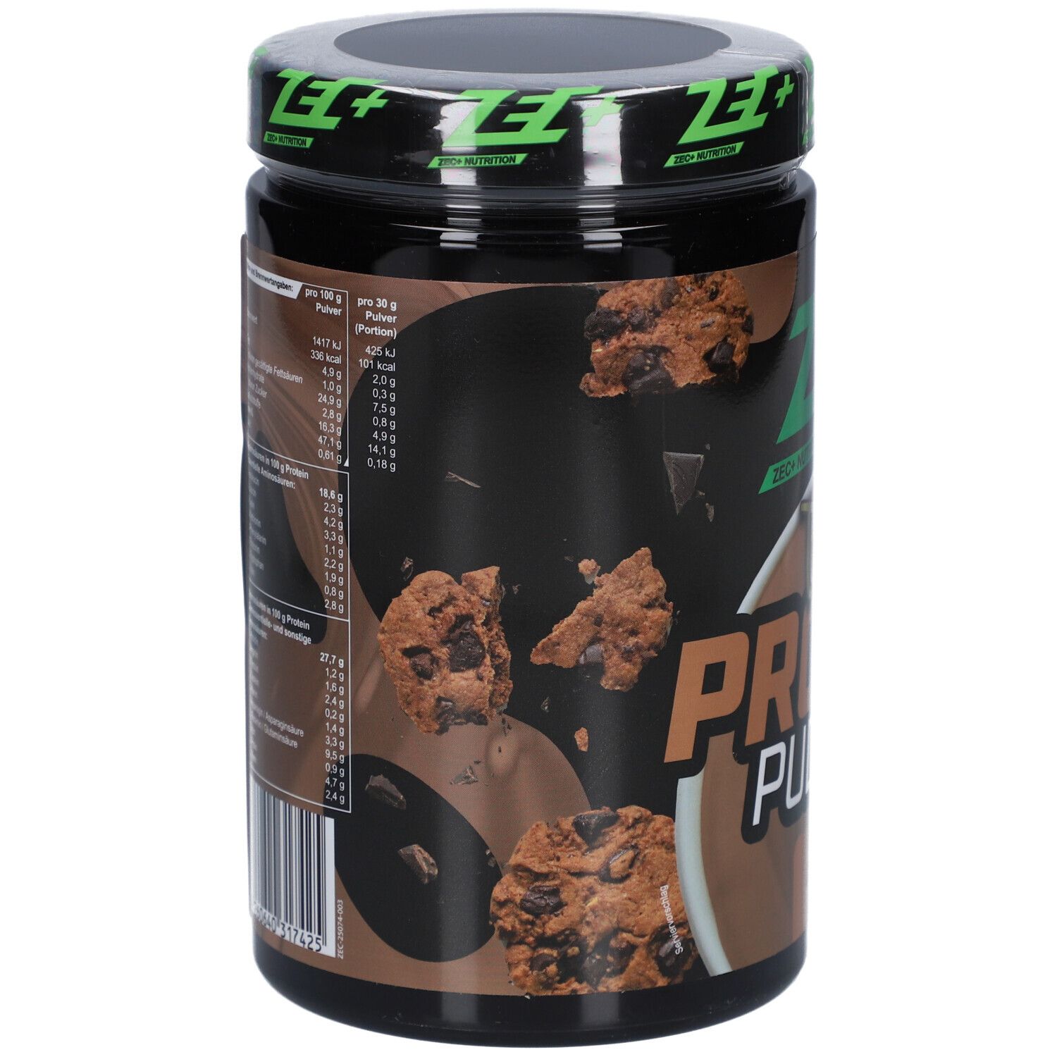 Schwarzer Behälter mit ZEC+ Protein Pudding. Nährwertangaben auf der Seite. Cookie-Stücke im Hintergrund.