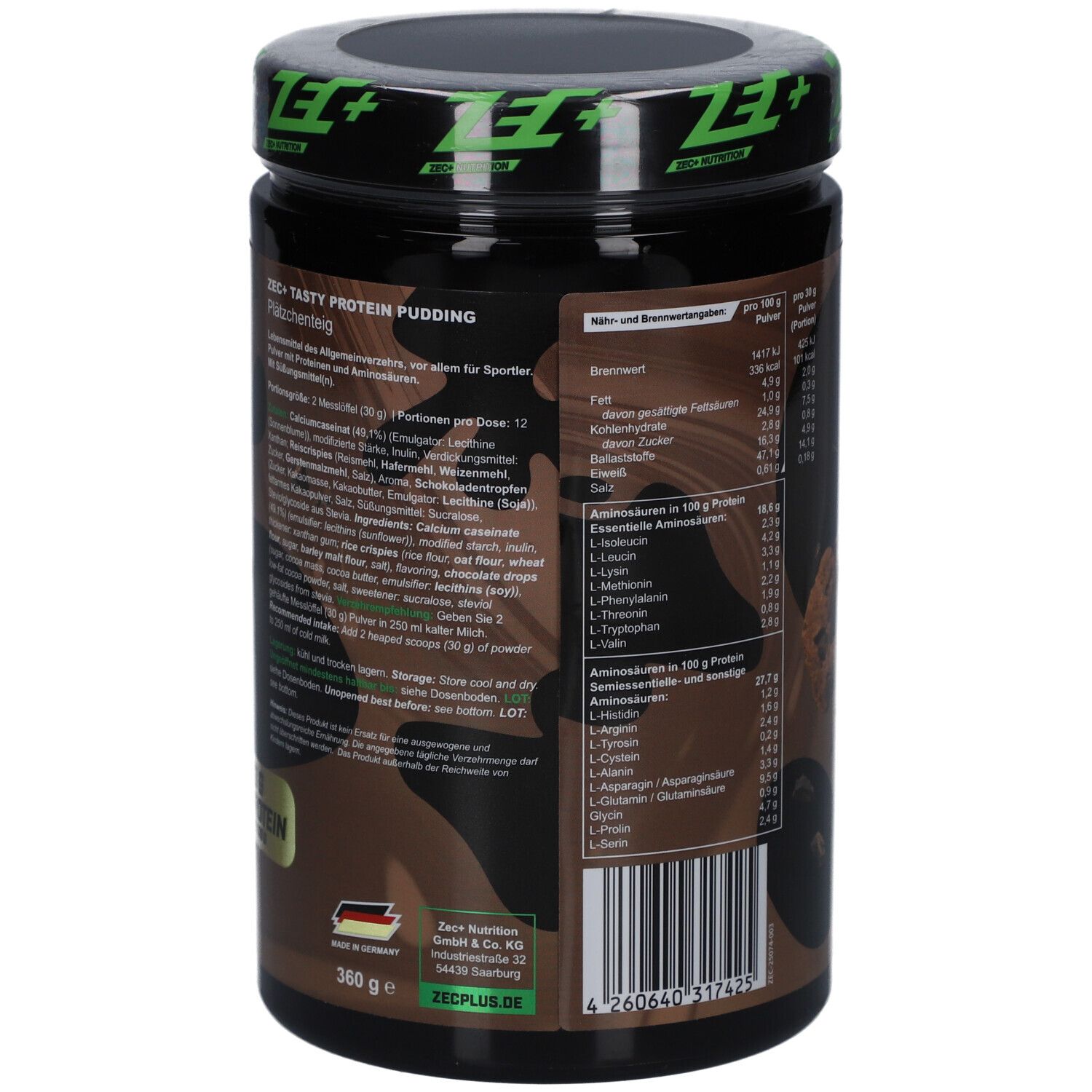 Rückseite des schwarzen Behälters. Text: ZEC+ Tasty Protein Pudding. Nährwertangaben und Zutatenliste.