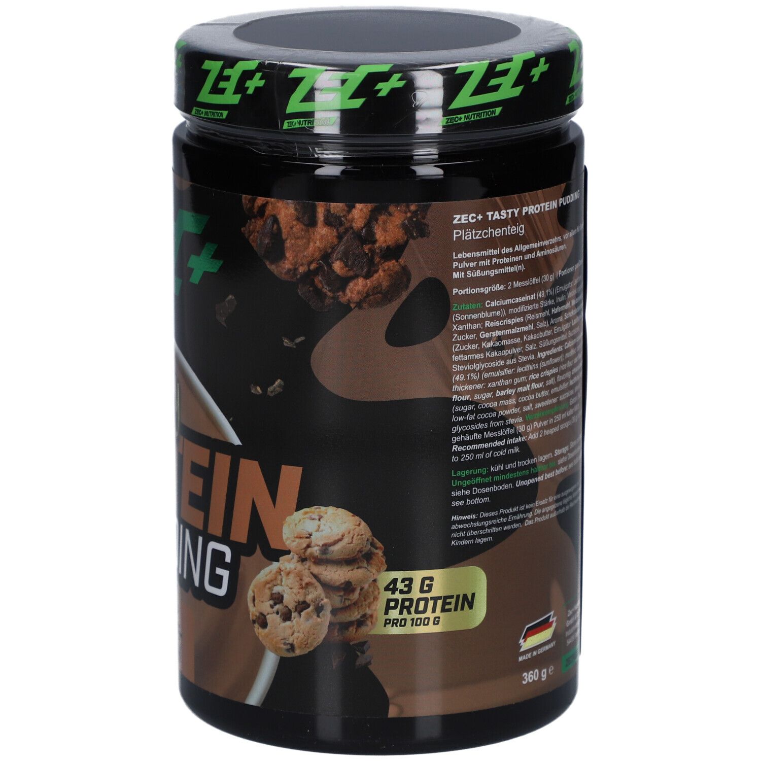 Rückseite des schwarzen Behälters. Text: ZEC+ Tasty Protein Pudding. 43 G Protein. 360 g. Hergestellt in Deutschland.