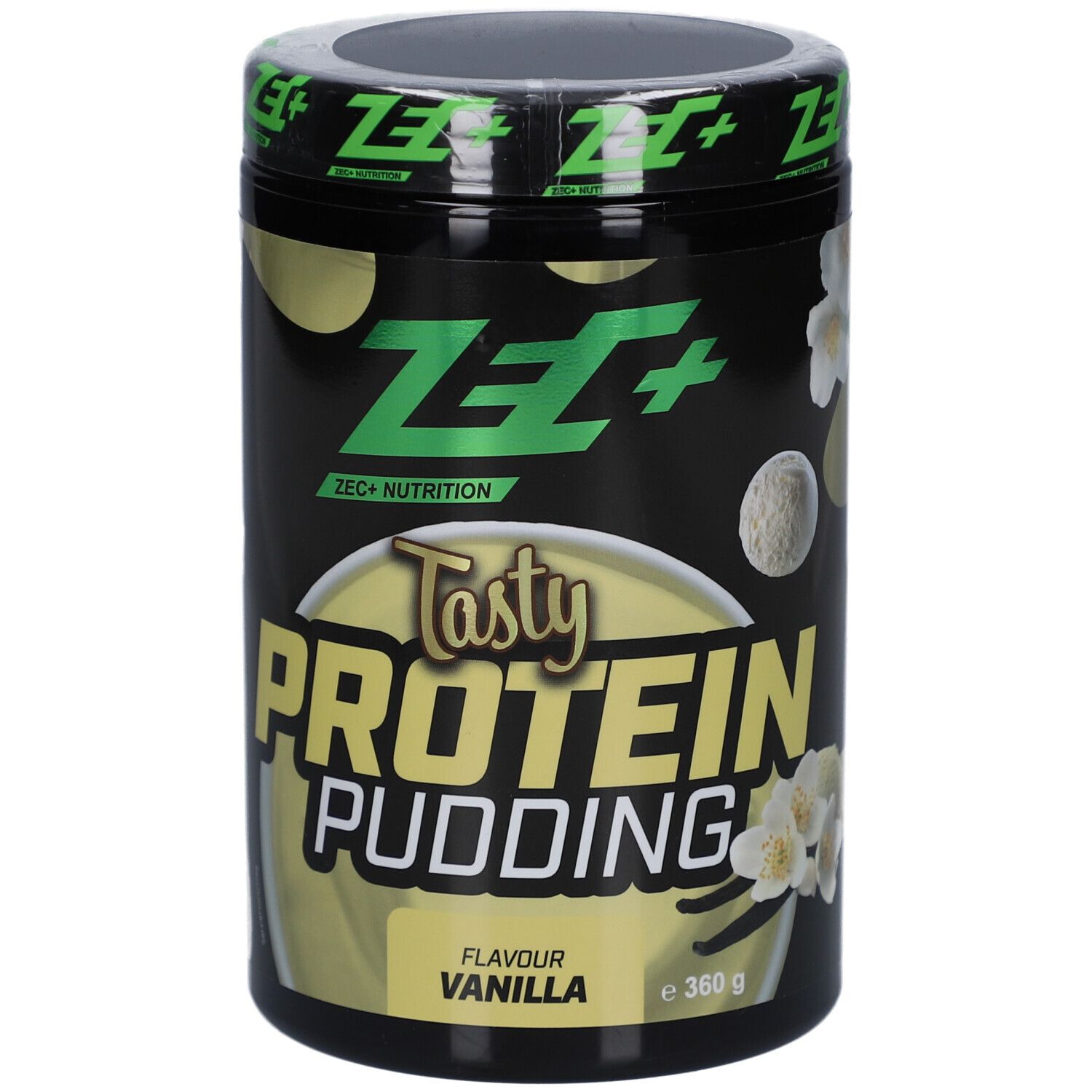 Schwarze Dose mit ZEC+ Logo und Schriftzug Tasty Protein Pudding. Geschmack: Vanille. 360g.