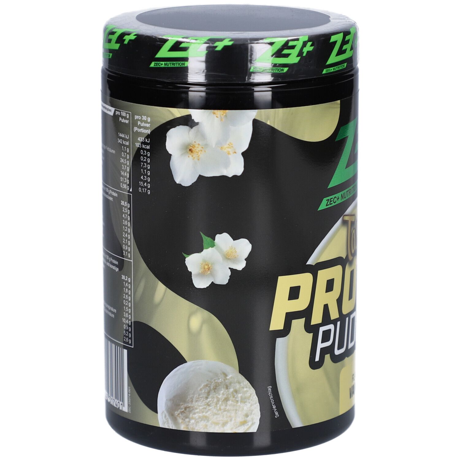 Schwarze Dose mit ZEC+ Logo. Tasty Protein Pudding, Vanille. Nährwertangaben auf der Seite. Mit Vanilleblüten.