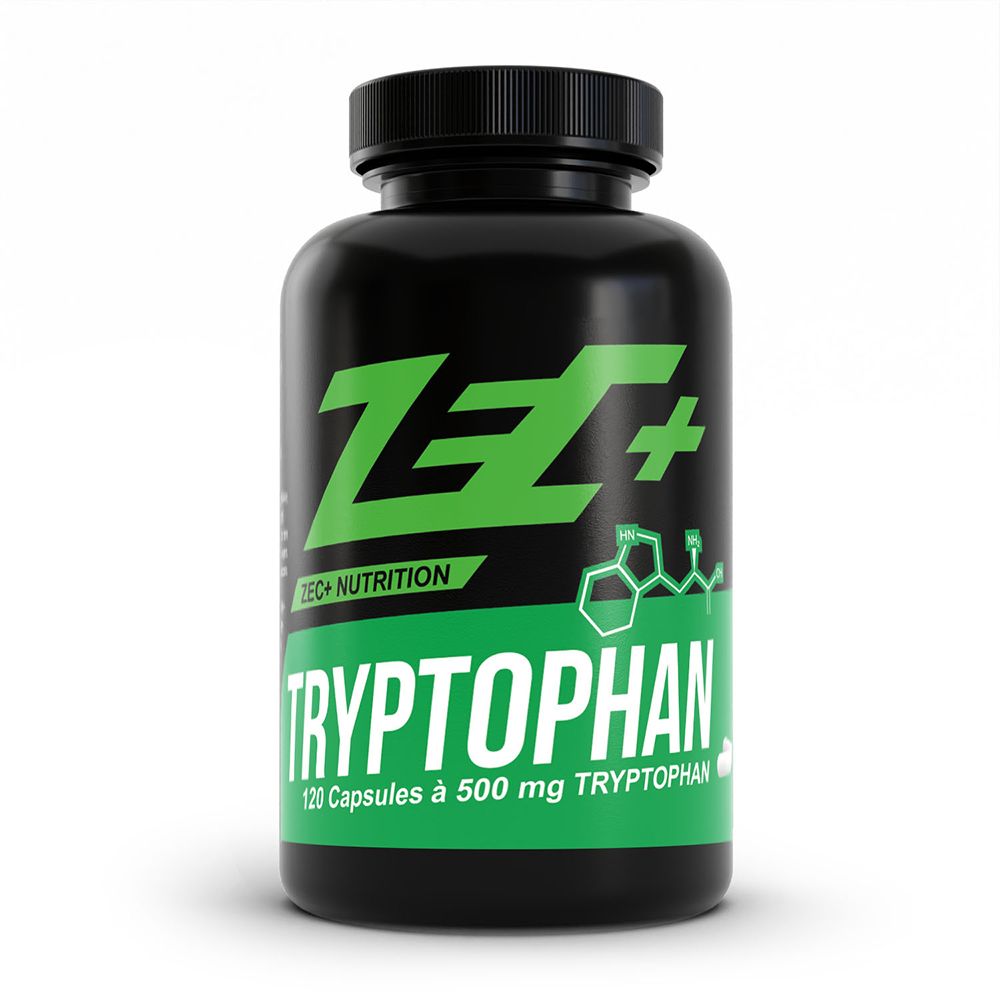 Schwarze Dose mit ZEC+ NUTRITION TRYPTOPHAN Kapseln. 120 Kapseln à 500 mg.