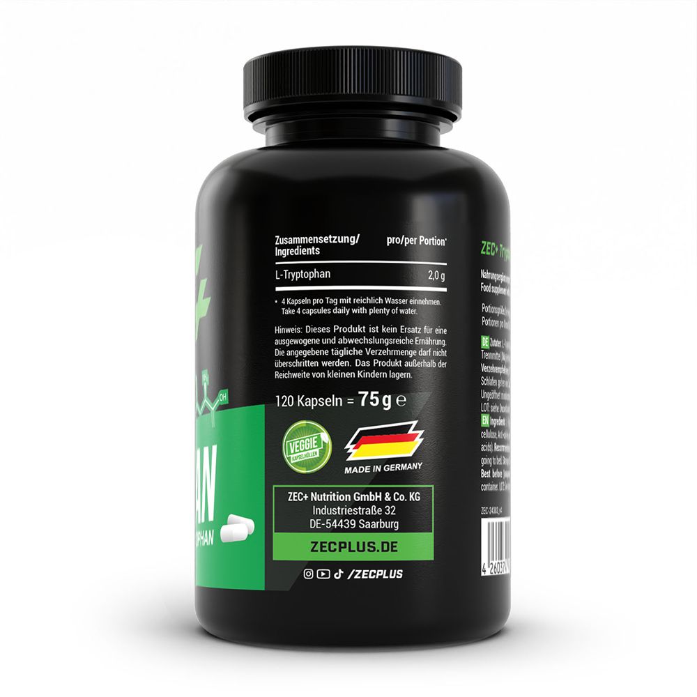 Rückseite einer Dose ZEC+ TRYPTOPHAN. Enthält Informationen zu Inhaltsstoffen und Herstellung in Deutschland.