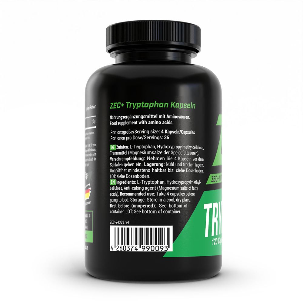 Rückseite einer Dose ZEC+ Tryptophan Kapseln mit detaillierten Zutaten- und Anwendungsinformationen.