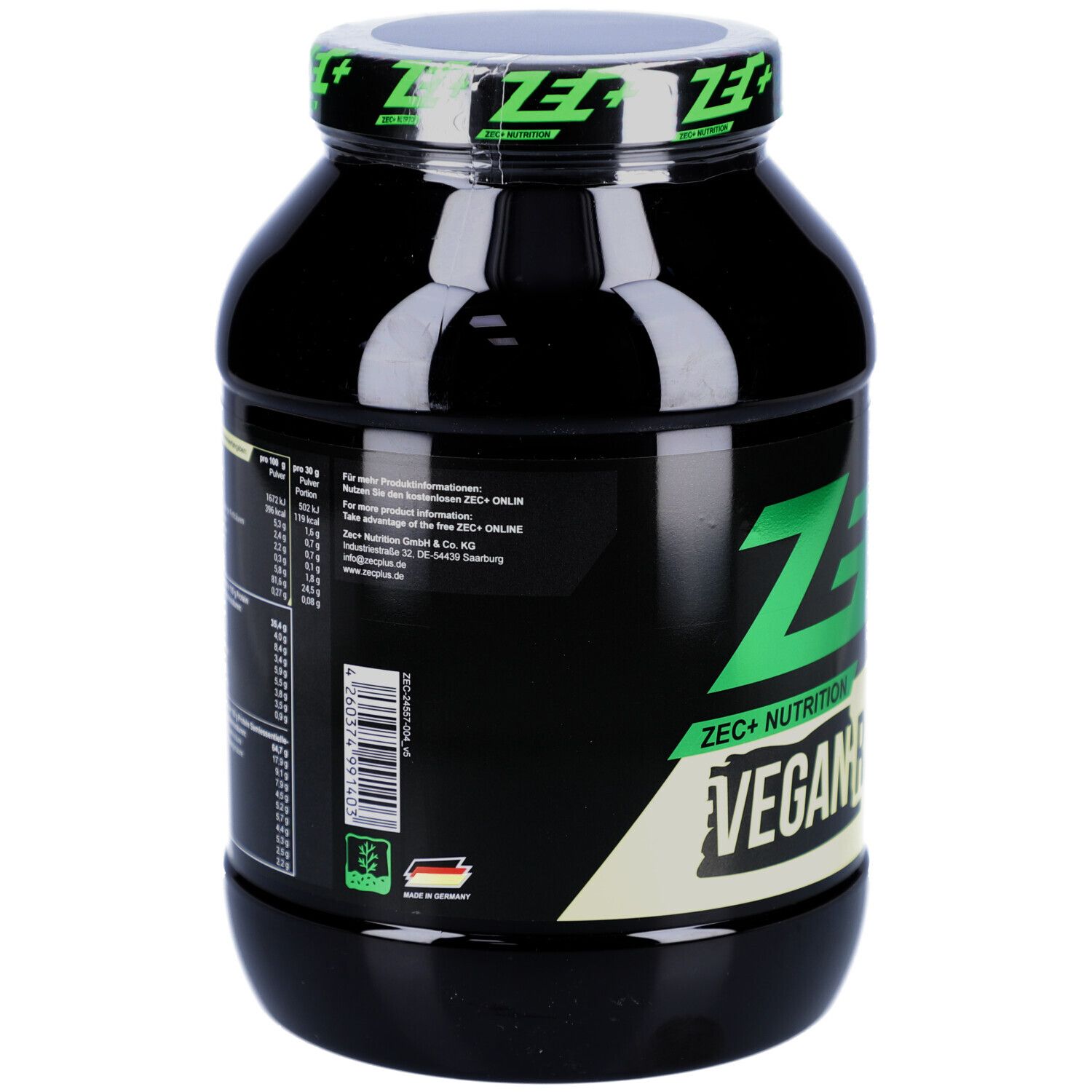 Rückseite der schwarzen Dose. Text mit Nährwertangaben und Zutaten. Mit Zertifizierung und Barcode.