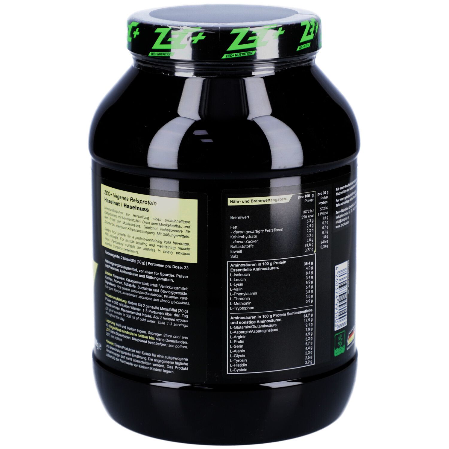 Rückseite der schwarzen Dose. Text mit Nährwertangaben und Zutaten. Mit Zertifizierung und Barcode.