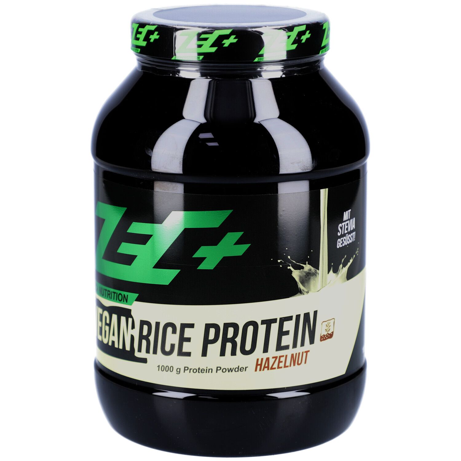 Schwarze Dose mit grünem ZEC+ Logo und Aufschrift VEGAN RICE PROTEIN. 1000 g Protein Powder. Mit Stevia.