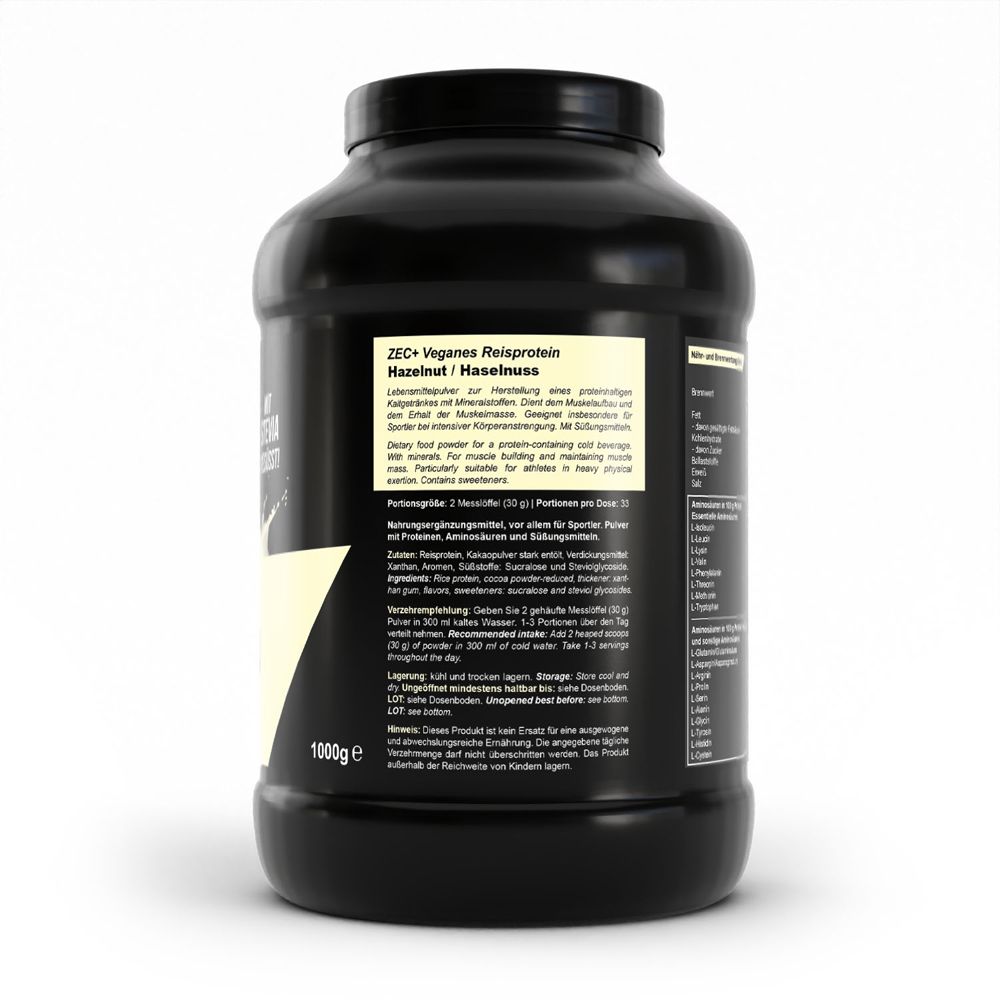 Rückseite der schwarzen Dose. Text mit Nährwertangaben und Zutaten. 1000g. Mit Zertifizierung.