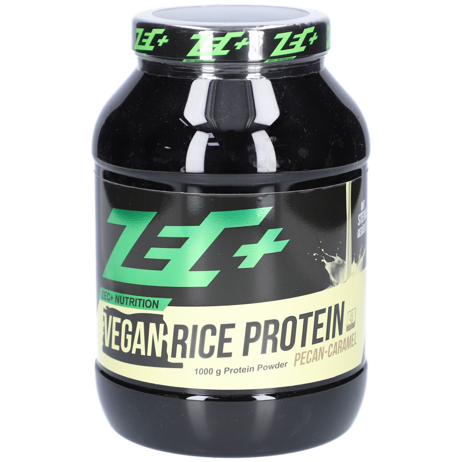 Schwarze Dose mit grünem Deckel. Aufschrift: ZEC+ VEGAN RICE PROTEIN, 1000 g Protein Powder, Pecan-Caramel.