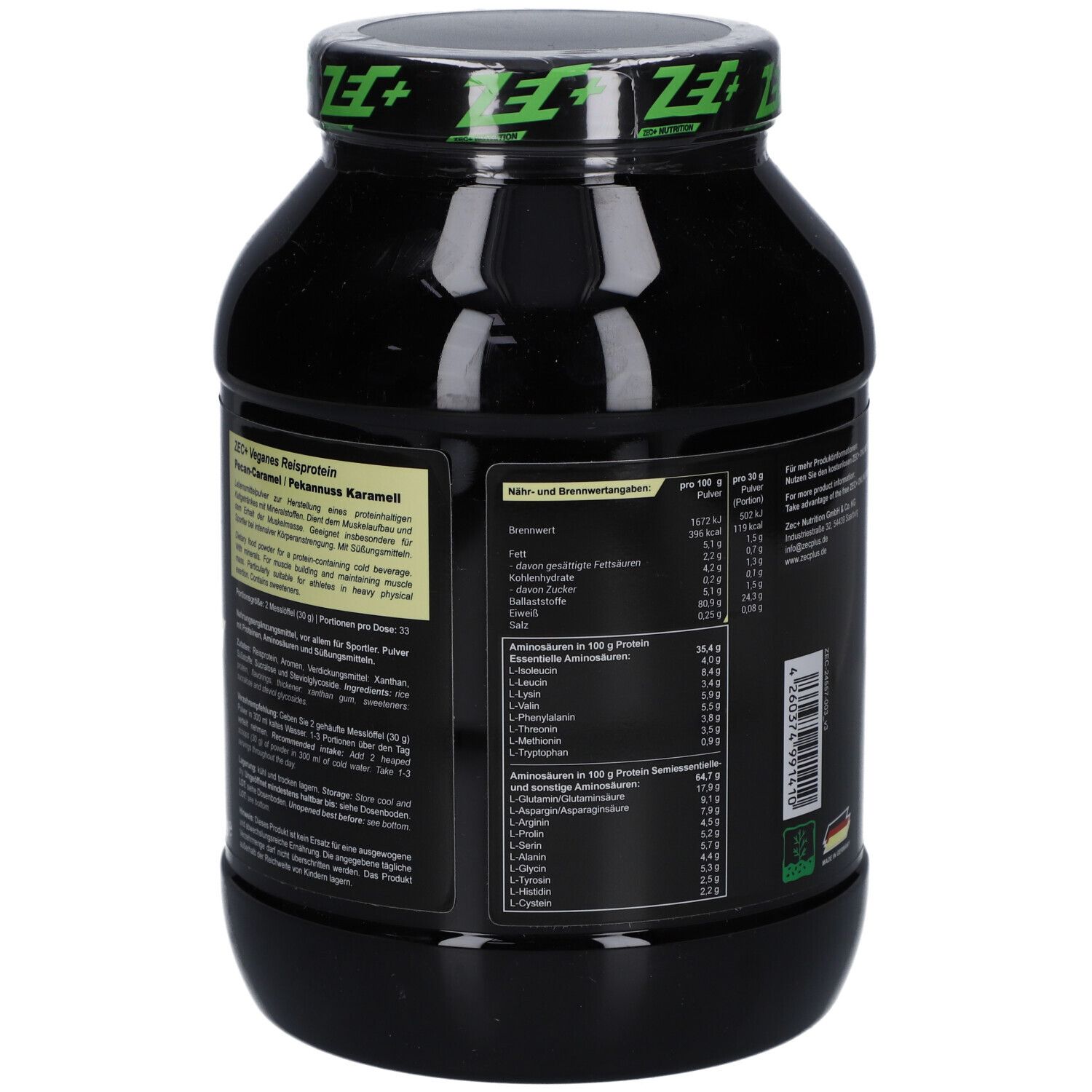 Schwarze Dose mit grünem Deckel. Rückseite mit Nährwertangaben und Aminosäurenprofil.