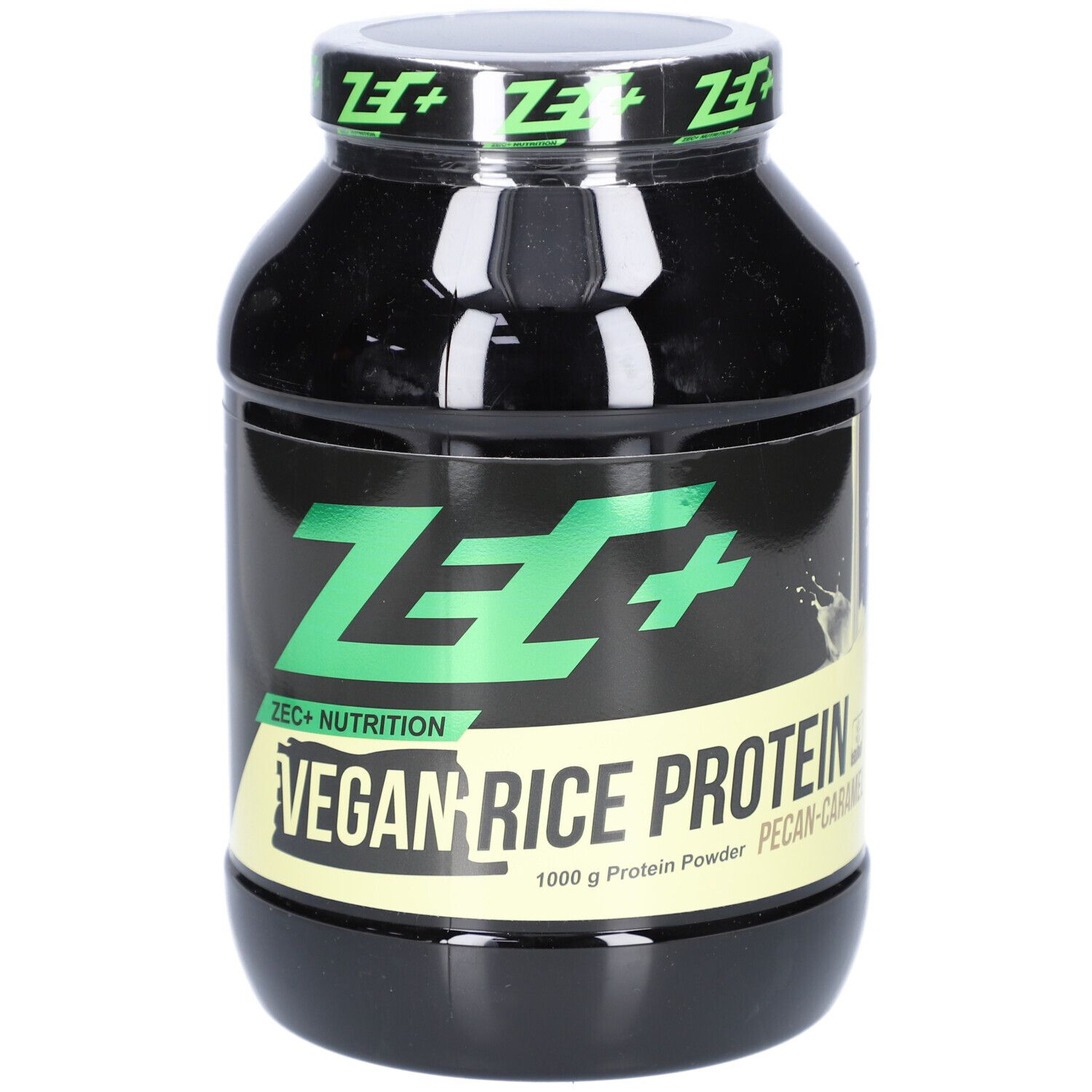 Schwarze Dose mit grünem Deckel. Aufschrift: ZEC+ VEGAN RICE PROTEIN, 1000 g Protein Powder, Pecan-Caramel.