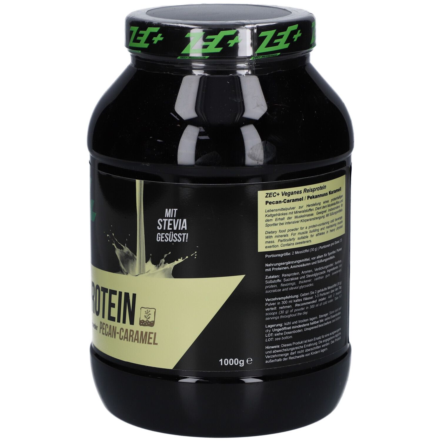 Schwarze Dose mit grünem Deckel. Aufschrift: ZEC+ VEGAN RICE PROTEIN, Pecan-Caramel. Mit Stevia. 1000g.
