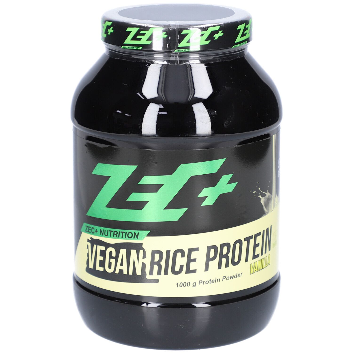 Schwarze Dose mit grünem ZEC+ Logo und Schriftzug Vegan Rice Protein. 1000 g Protein Powder, Vanille.