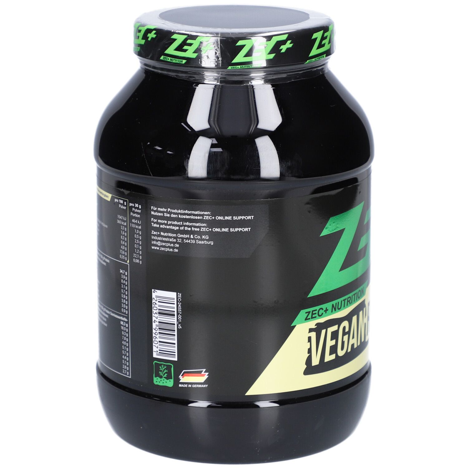 Schwarze Dose mit grünem ZEC+ Logo. Rückseite mit Nährwertangaben, Barcode und 'Made in Germany'.