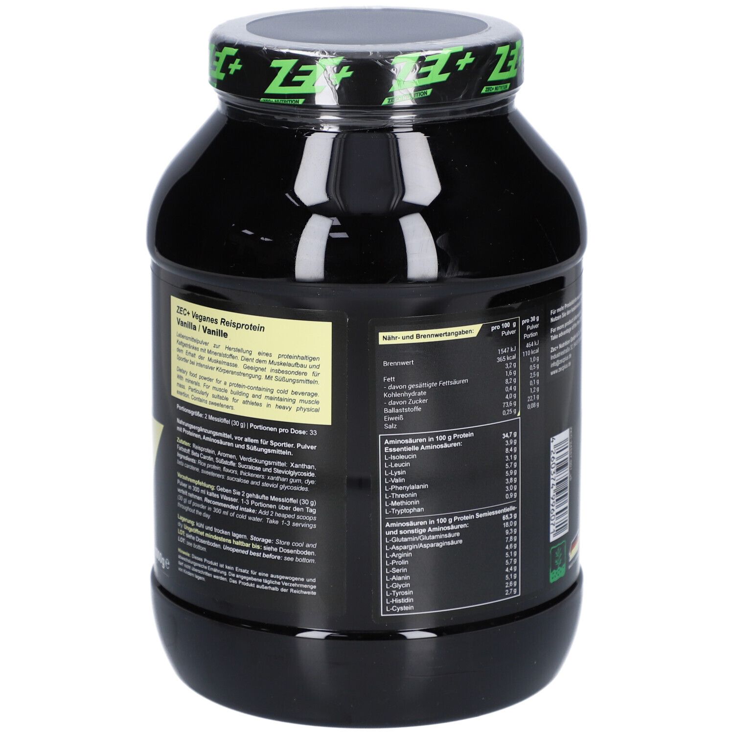 Schwarze Dose mit grünem ZEC+ Logo. Rückseite mit Produktinformationen und Nährwertangaben.