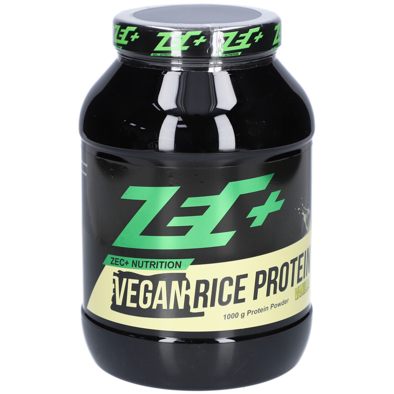 Schwarze Dose mit grünem ZEC+ Logo und Schriftzug Vegan Rice Protein. 1000 g Protein Powder, Vanille.