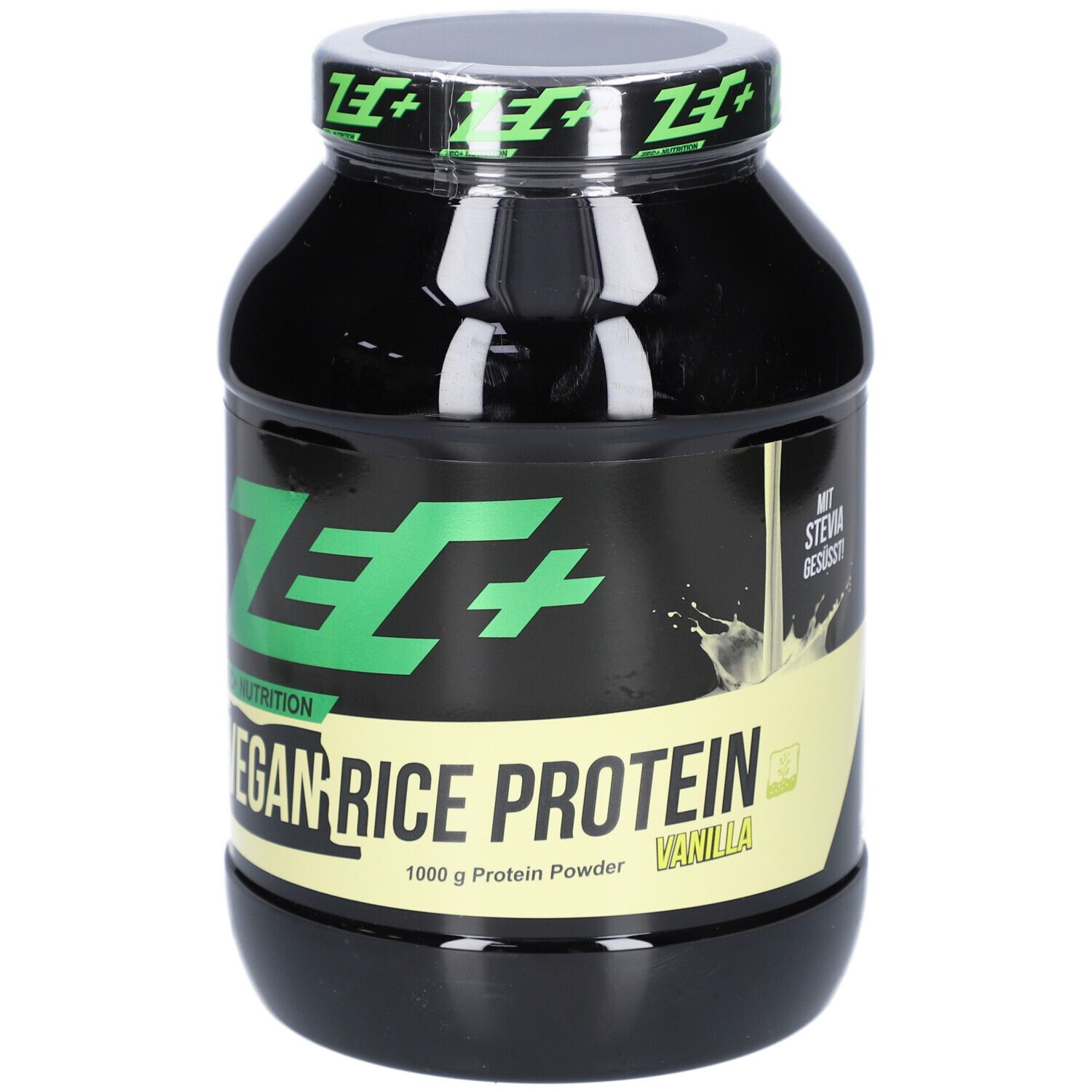 Schwarze Dose mit grünem ZEC+ Logo und Schriftzug Vegan Rice Protein. 1000 g Protein Powder, Vanille. Mit Stevia.