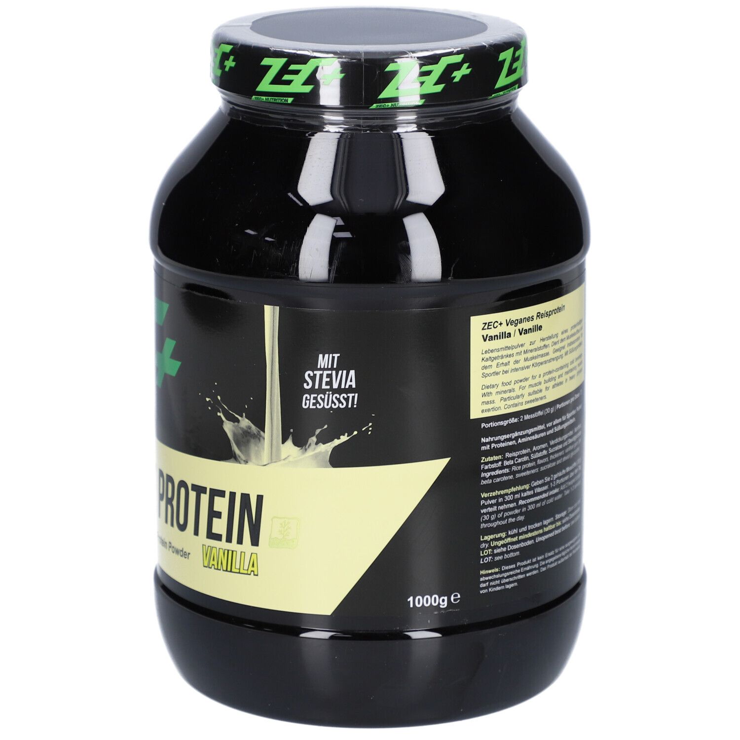 Schwarze Dose mit grünem ZEC+ Logo und Schriftzug Vegan Rice Protein. 1000 g, Vanille. Rückseite mit Text.