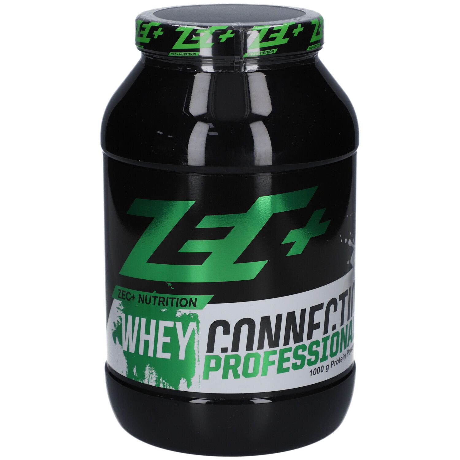 Schwarze Dose mit grünem Deckel. Aufschrift: ZEC+ Nutrition, Whey Connection Professional. 1000 g Protein.