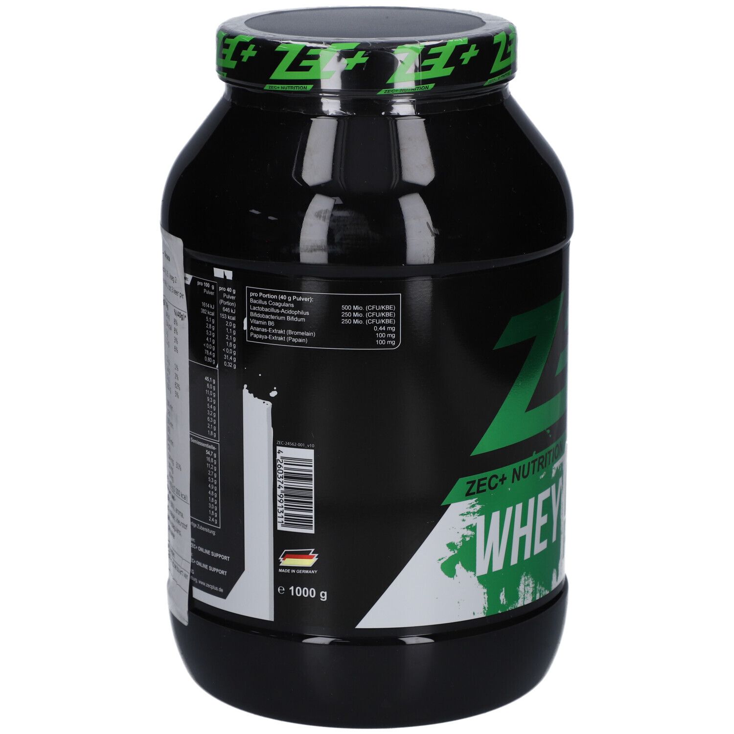 Schwarze Dose mit Nährwertangaben. Aufschrift: ZEC+ Nutrition, Whey Connection Professional. 1000 g Protein. Barcode.