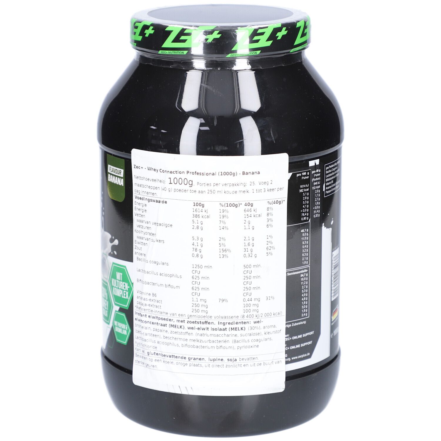 Schwarze Dose mit Nährwertangaben. Aufschrift: ZEC+ Nutrition, Whey Connection Professional. 1000g. Banane. Zutatenliste.