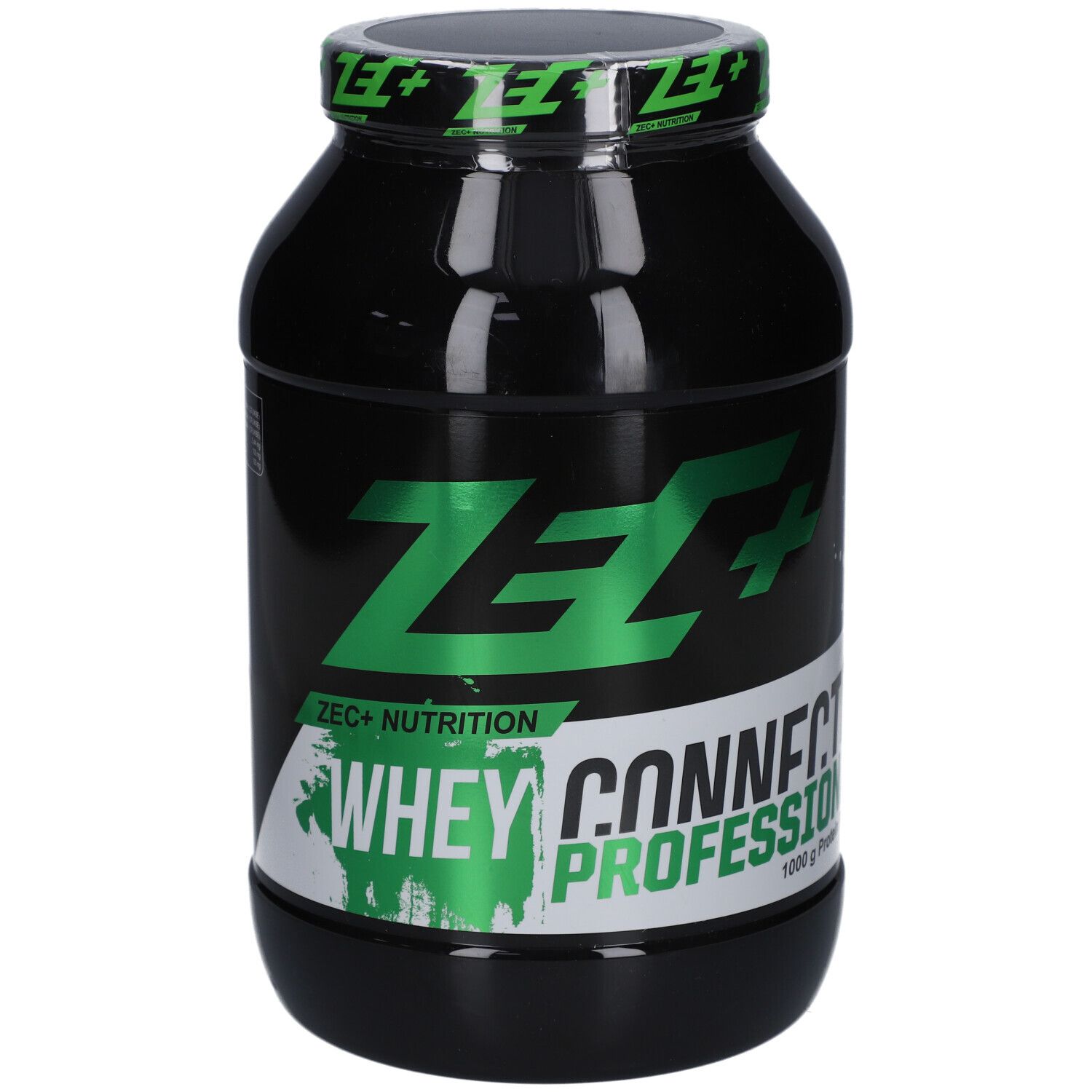 Schwarze Dose mit grünem Deckel. Aufschrift: ZEC+ Nutrition, Whey Connection Professional. 1000 g Protein.