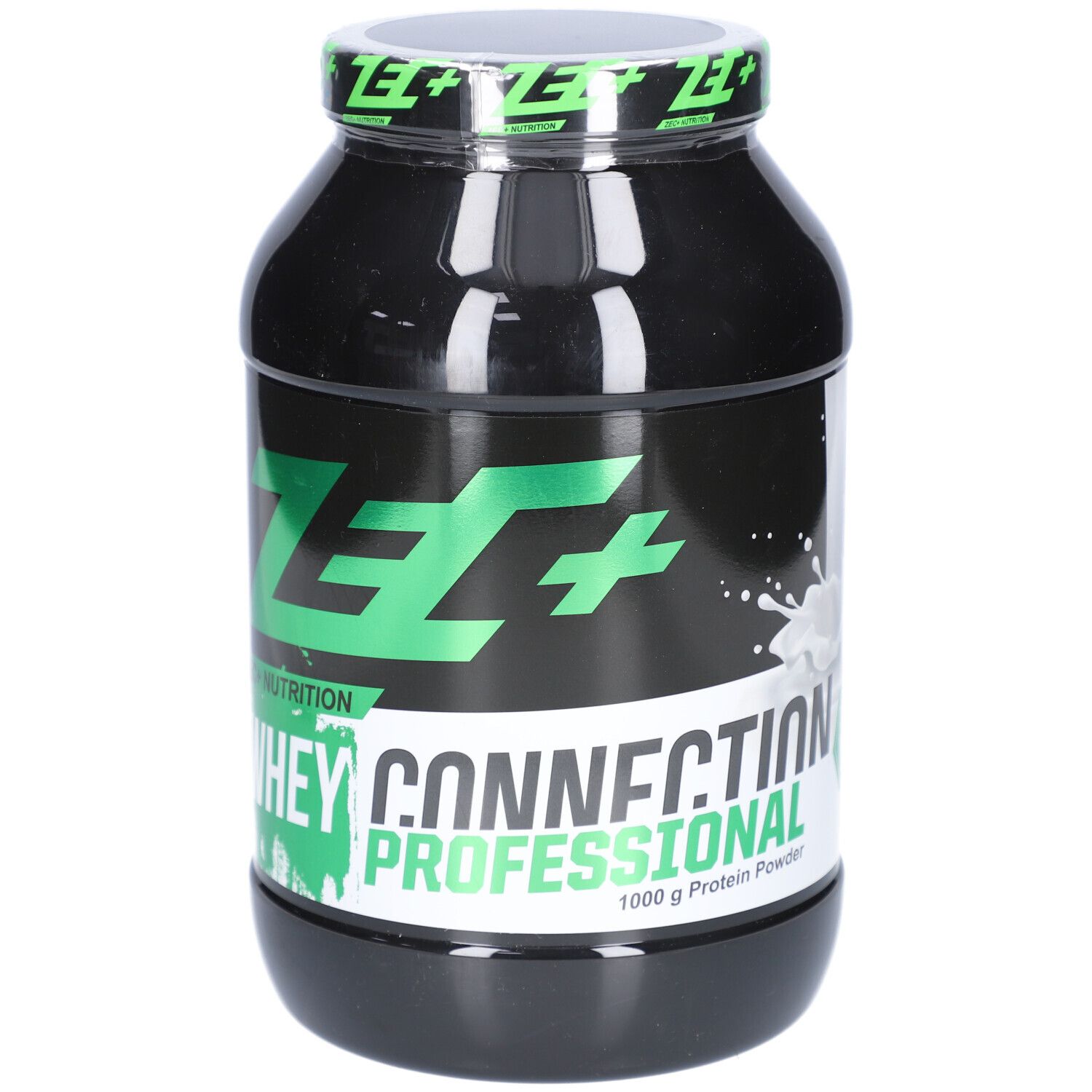 Schwarze Dose mit grünem Deckel. Aufschrift: ZEC+ Nutrition, Whey Connection Professional. 1000 g Protein Powder. Milchspritzer.