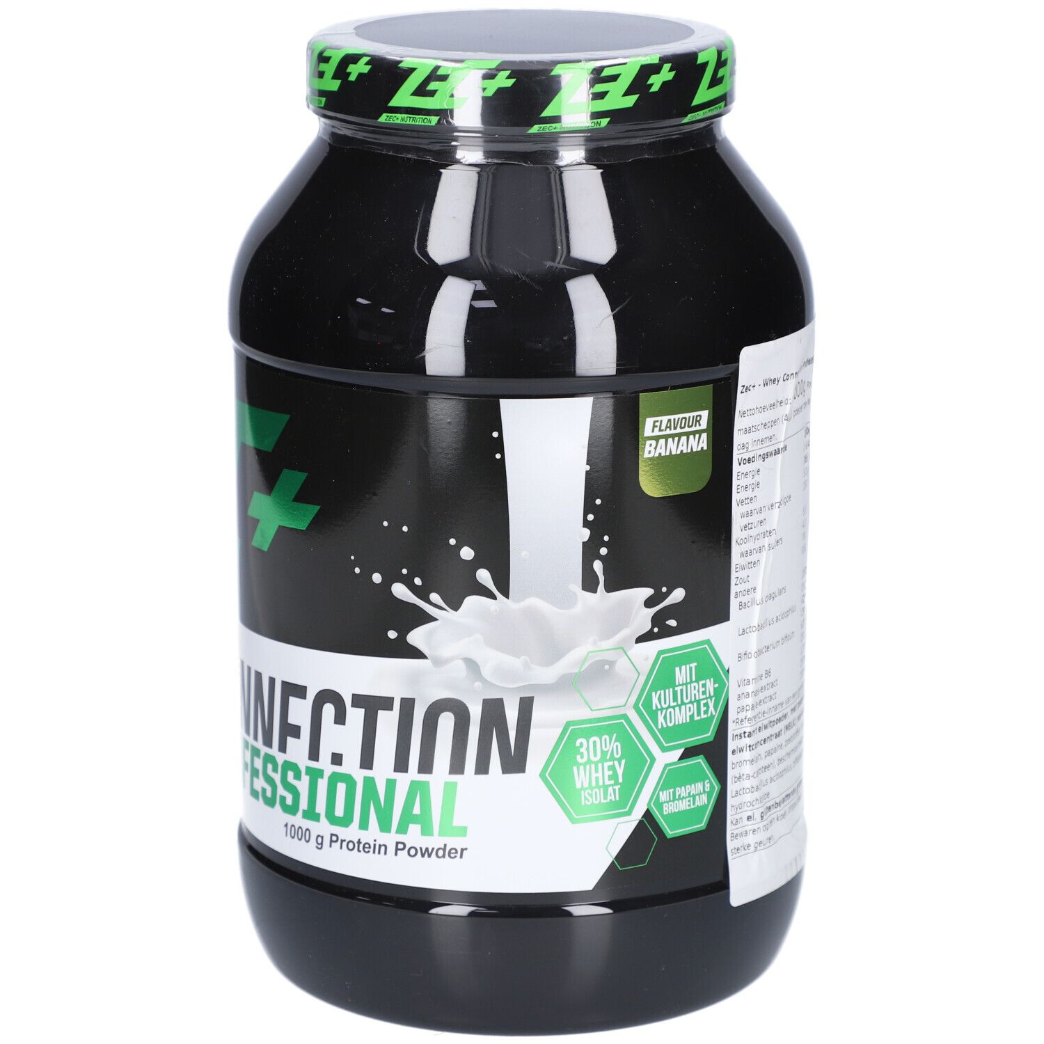 Schwarze Dose mit grünem Deckel. Aufschrift: ZEC+ Nutrition, Whey Connection Professional. 1000 g Protein Powder. Banane.