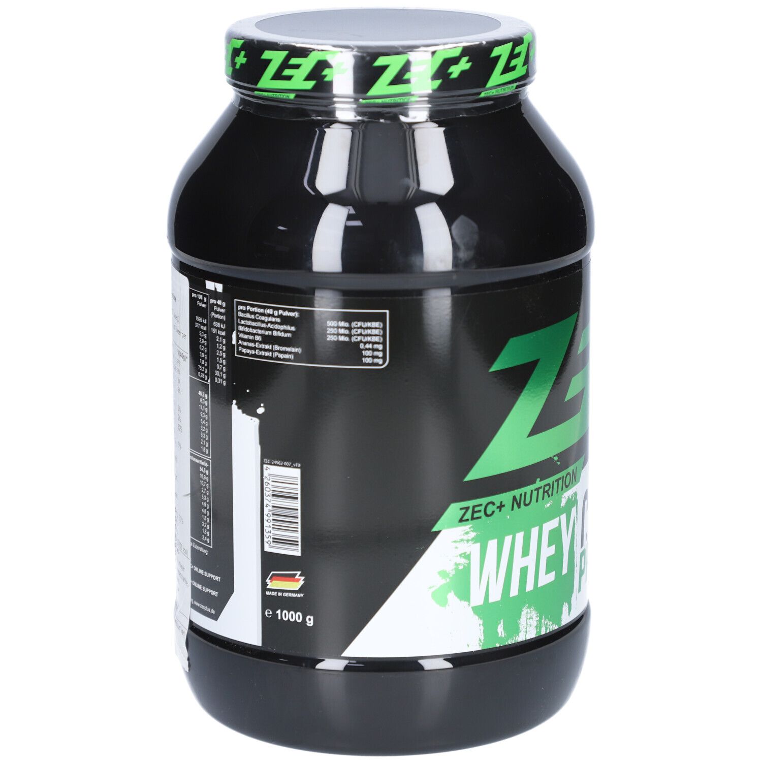 Schwarze Dose mit grünem Etikett. Rückseite mit Nährwertangaben und Barcode. Aufschrift: ZEC+ Whey.