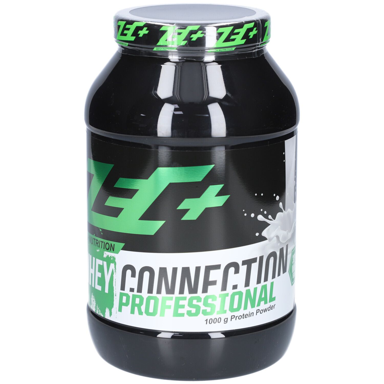 Schwarze Dose mit grünem Etikett. Aufschrift: ZEC+ Nutrition, Whey Connection Professional, 1000 g Protein Powder.