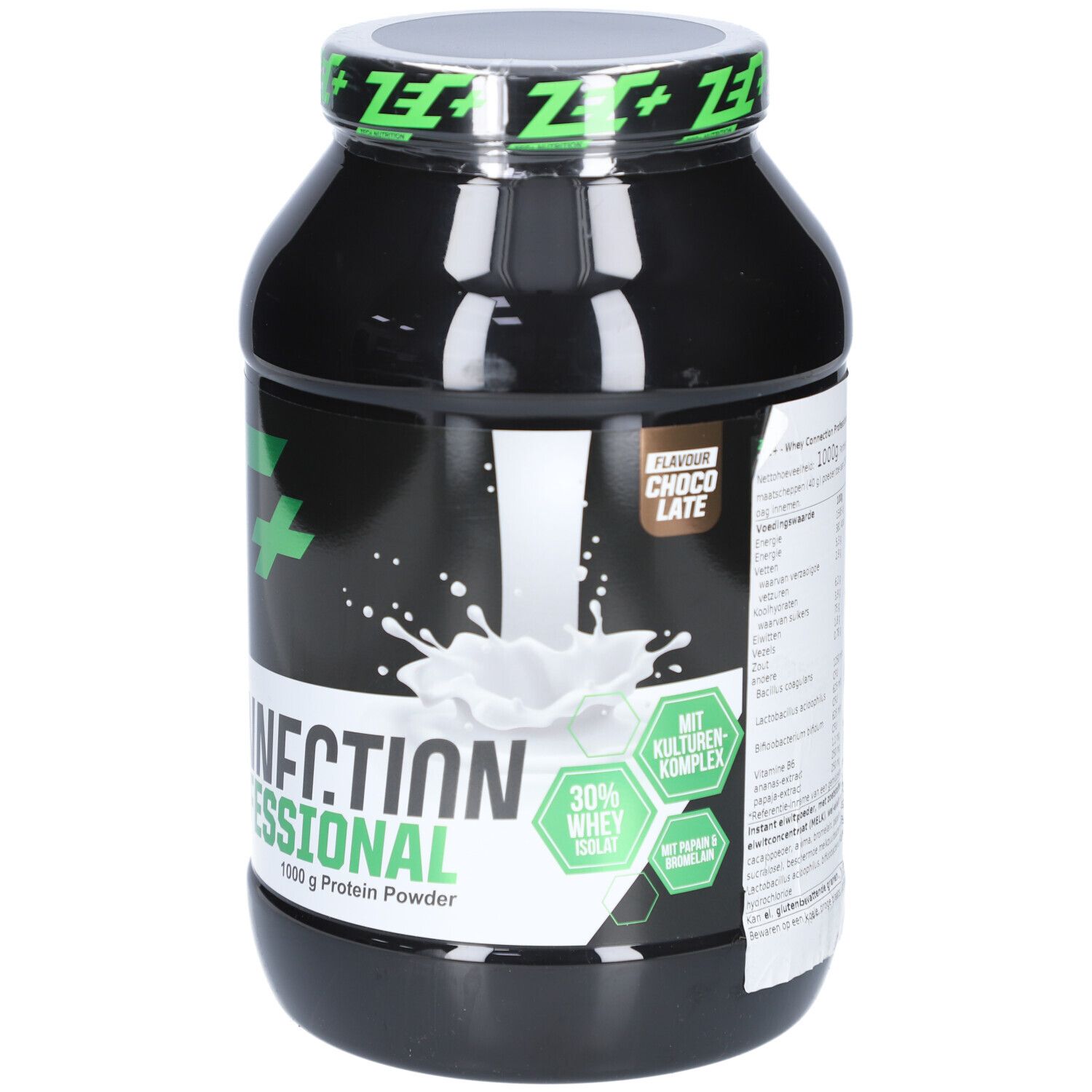 Schwarze Dose mit grünem Etikett. Aufschrift: ZEC+ Whey Connection Professional, 1000 g Protein Powder. Geschmack: Chocolate.