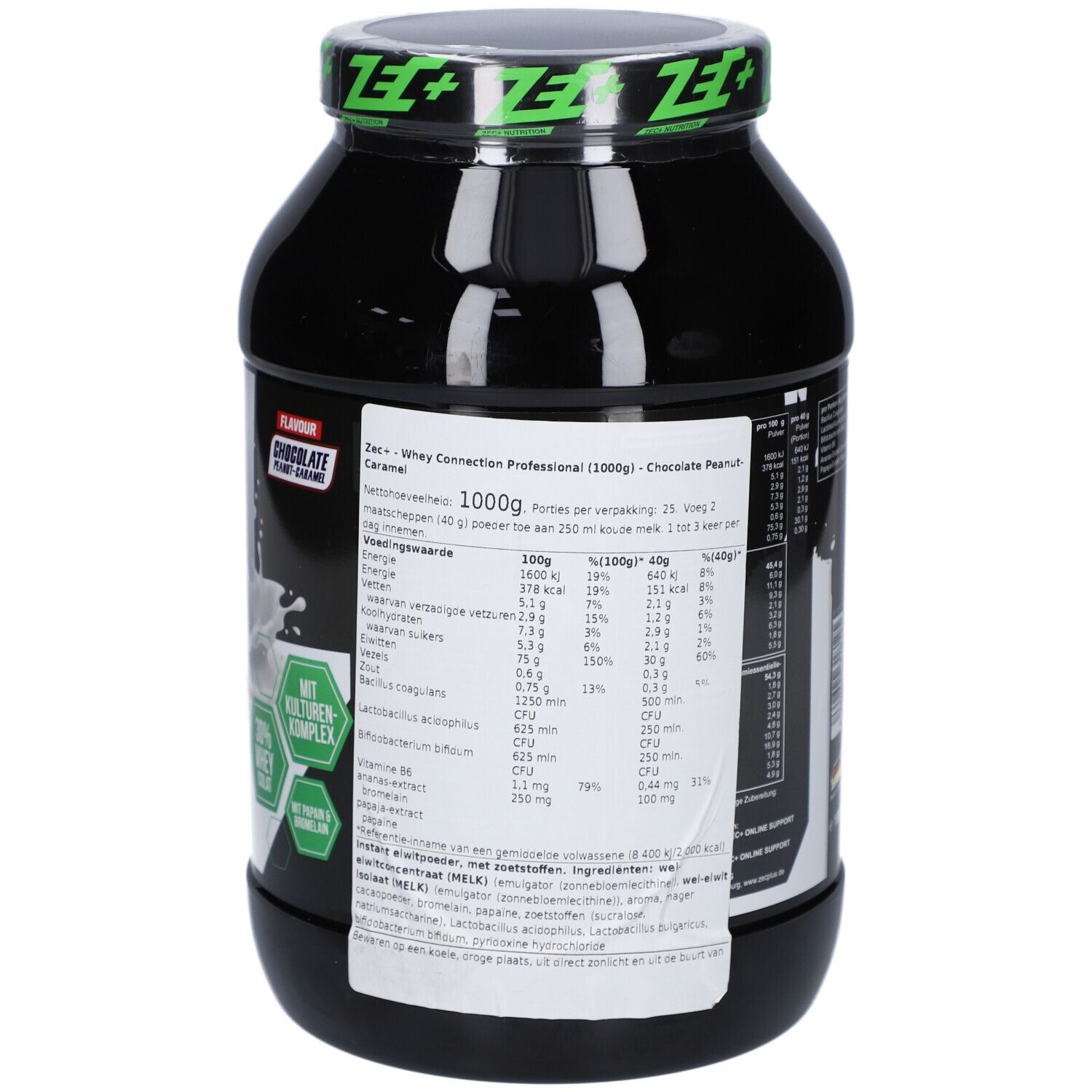 Schwarze Dose mit Nährwertangaben. Aufschrift: ZEC+ Whey Connection Professional (1000g) Chocolate Peanut-Caramel.