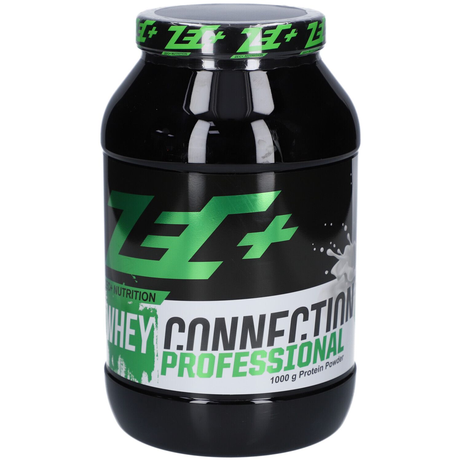 Schwarze Dose mit grünem Deckel. Aufschrift: ZEC+ Nutrition, Whey Connection Professional, 1000 g Protein Powder.