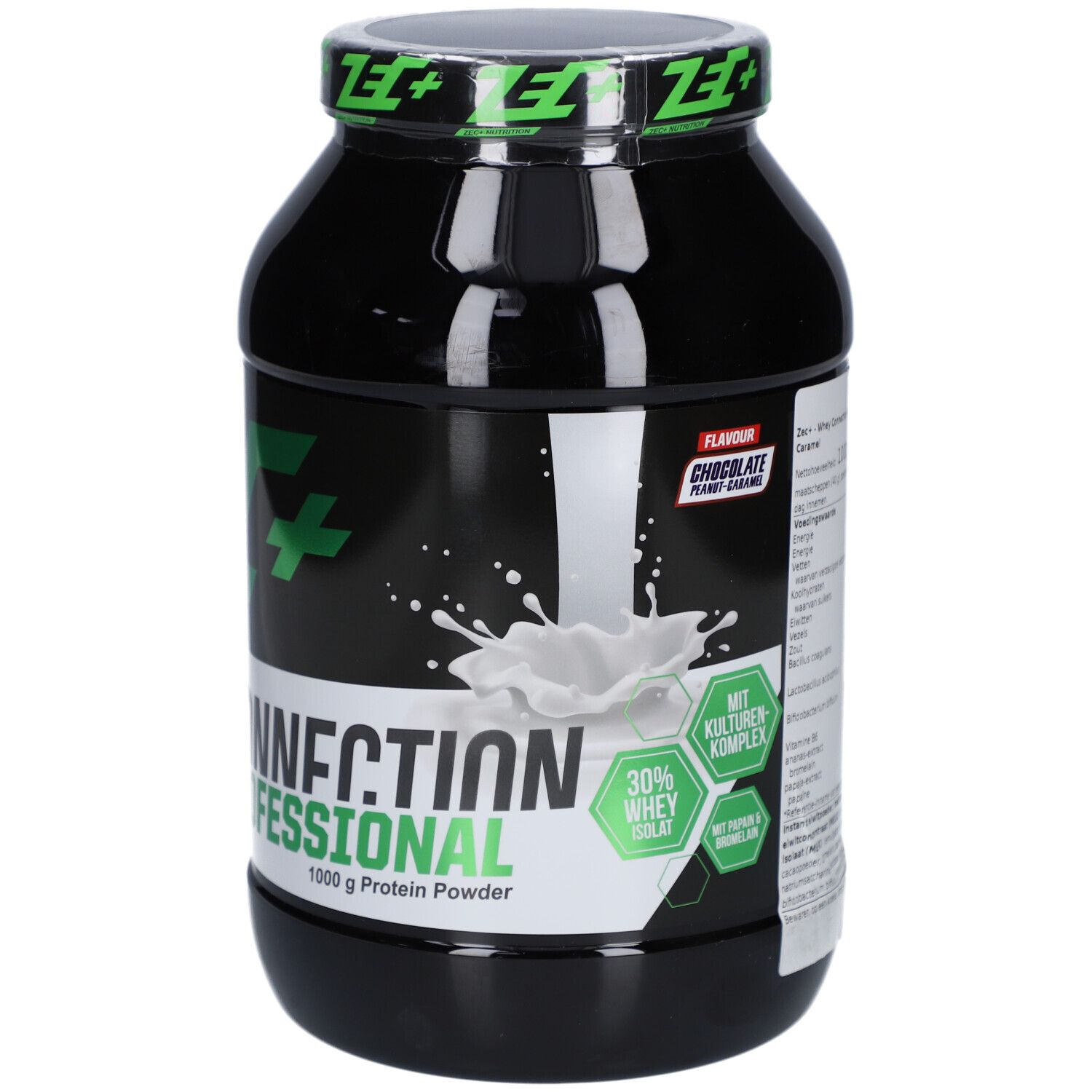 Schwarze Dose mit grünem Deckel. Aufschrift: ZEC+ Nutrition, Whey Connection Professional, 1000 g Protein Powder.