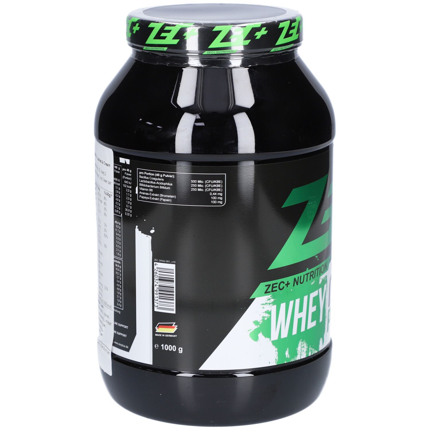 Schwarze Dose mit grünen ZEC+ Logo und Schriftzug Whey Connection Professional. Rückseite mit Nährwertangaben und Barcode.