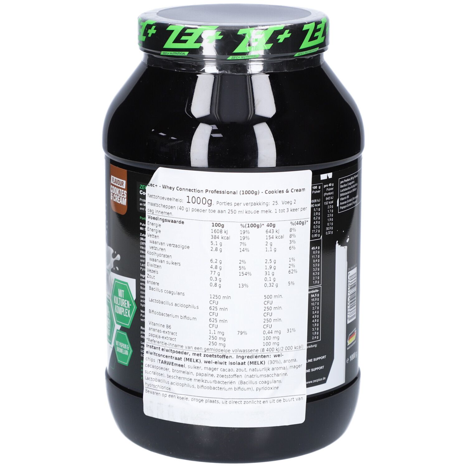Schwarze Dose mit grünen ZEC+ Logo und Schriftzug Whey Connection Professional. Rückseite mit Nährwertangaben und Zutaten.