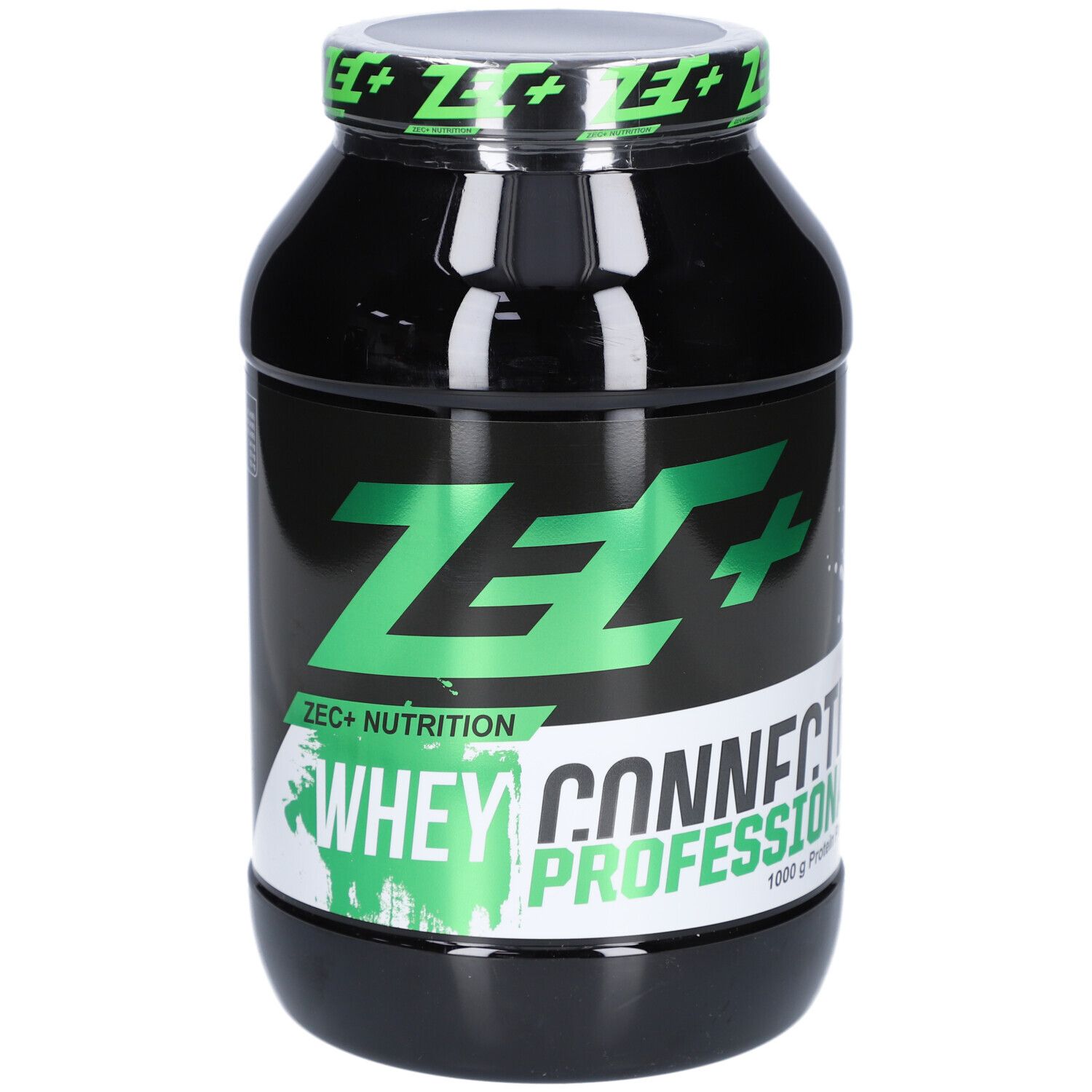Schwarze Dose mit grünem ZEC+ Logo und Schriftzug Whey Connection Professional. Deckel mit grünem ZEC+ Schriftzug.