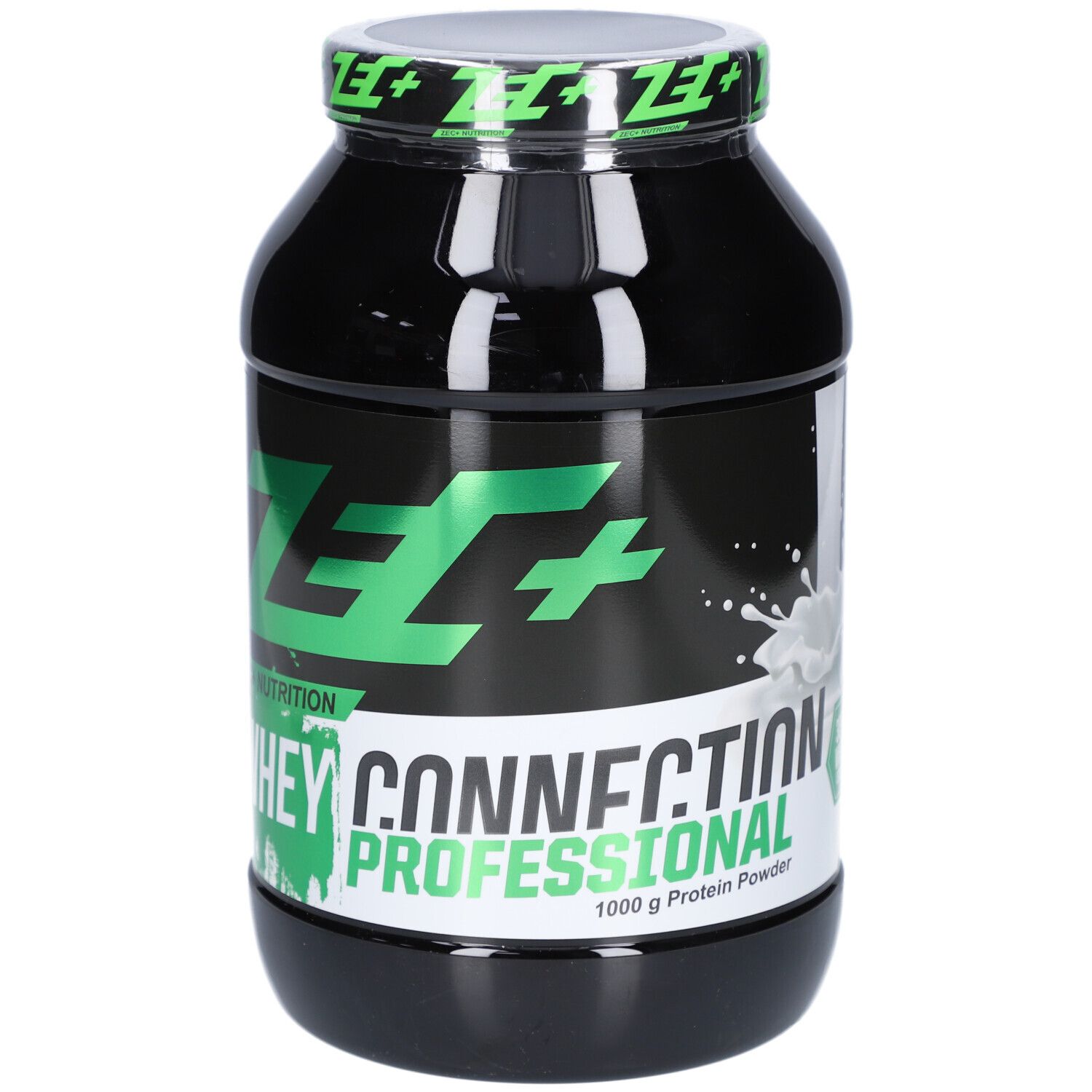 Schwarze Dose mit grünem ZEC+ Logo und Schriftzug Whey Connection Professional. Milchspritzer-Grafik.