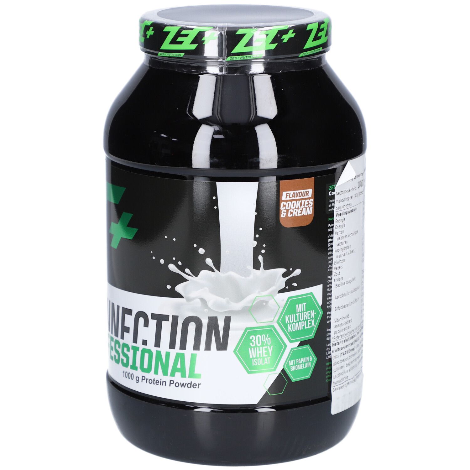 Schwarze Dose mit grünem ZEC+ Logo und Schriftzug Whey Connection Professional. Aufdruck Cookies & Cream und 30% Whey.