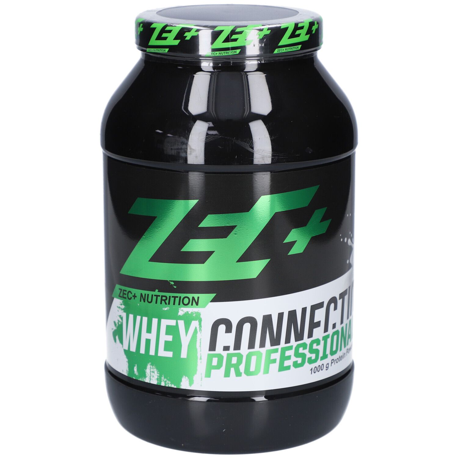 Schwarze Dose mit grünem Deckel. Aufschrift: ZEC+ Whey Connection Professional. 1000 g Protein.